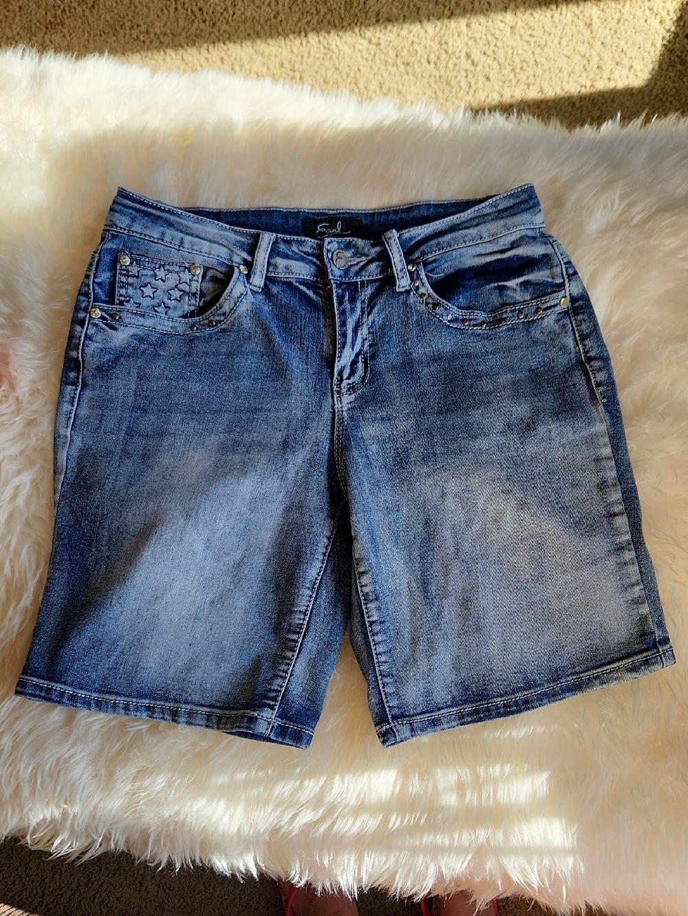 Women's Washed Blue Denim Bermuda Shorts with Star Pocket Accents